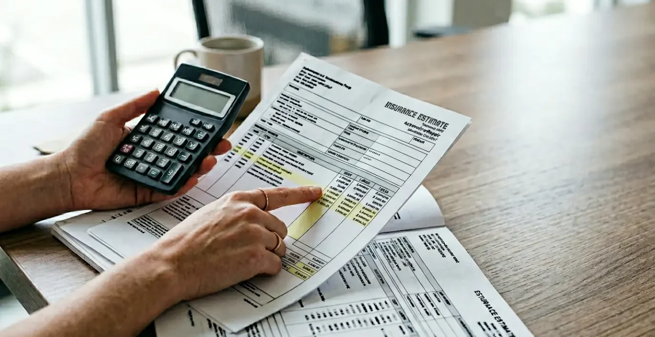 Illustration représentant une situation de litige financier en assurance automobile avec documents et calculs