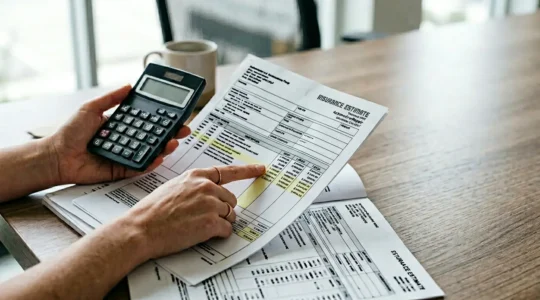 Illustration représentant une situation de litige financier en assurance automobile avec documents et calculs