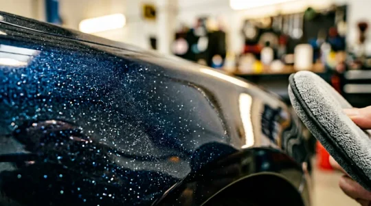 Détail d'une réparation de carrosserie automobile avec zone de retouche peinture invisible sur pare-chocs