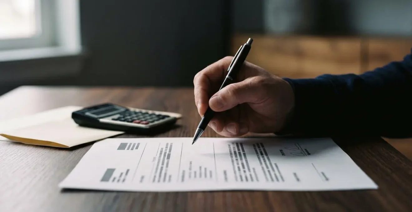 Scène symbolique d'une main sur le point de signer un document avec un stylo, éclairage dramatique