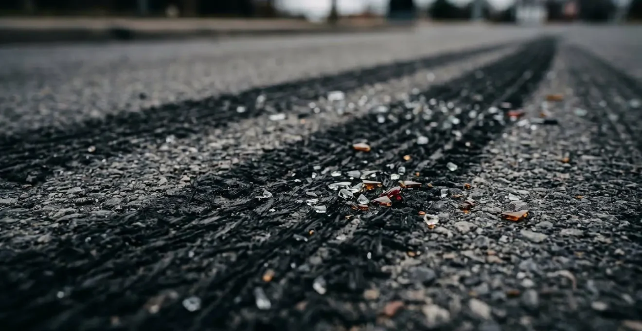 Vue rapprochée de traces de freinage et débris sur la chaussée après un accident