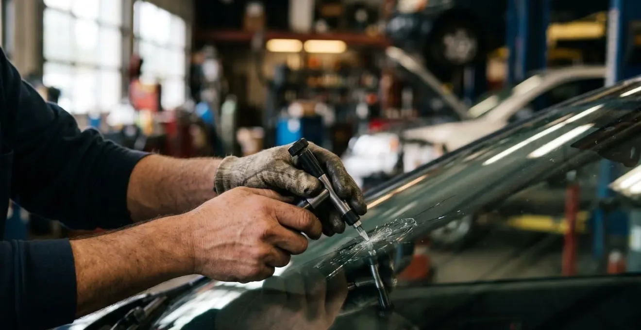 Gros plan sur des mains professionnelles manipulant des outils de réparation de vitrage automobile