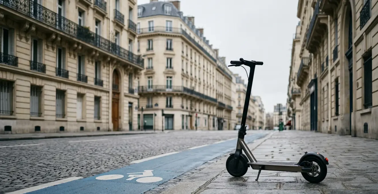 Scène urbaine parisienne montrant une trottinette électrique stationnée avec des éléments de mobilité urbaine