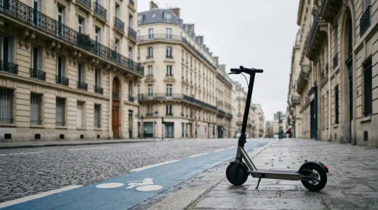 Scène urbaine parisienne montrant une trottinette électrique stationnée avec des éléments de mobilité urbaine