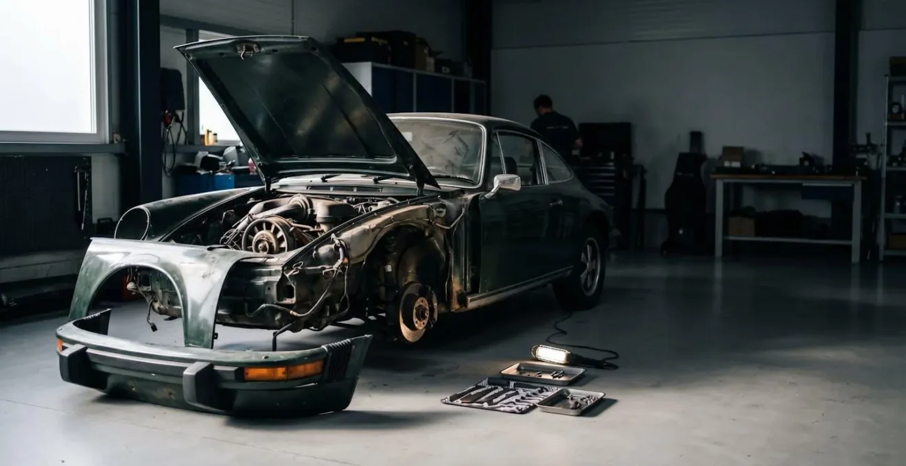 Véhicule partiellement démonté dans un atelier de réparation automobile avec pièces détachées