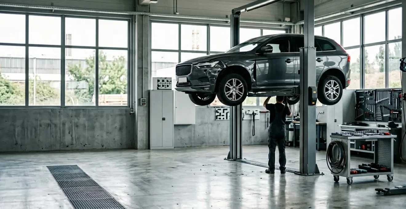 Véhicule en réparation dans un garage professionnel avec intervention d'expert en assurance