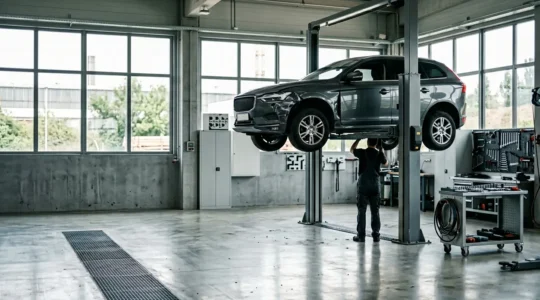 Véhicule en réparation dans un garage professionnel avec intervention d'expert en assurance