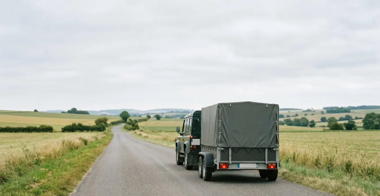 Vue arrière d'un véhicule tractant une remorque sur une route de campagne française