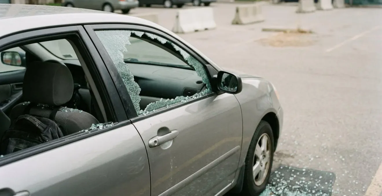 Vue rapprochée d'une vitre de voiture latérale complètement brisée avec débris de verre, contexte urbain, lumière naturelle