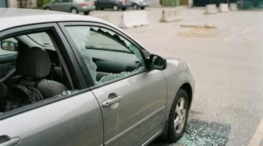 Vue rapprochée d'une vitre de voiture latérale complètement brisée avec débris de verre, contexte urbain, lumière naturelle