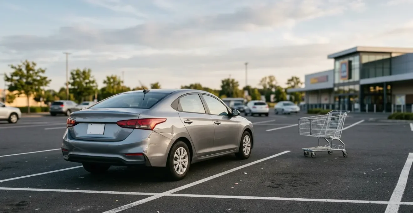 Véhicule avec dommage visible causé par un chariot de supermarché sur un parking