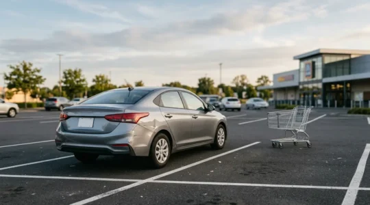 Véhicule avec dommage visible causé par un chariot de supermarché sur un parking