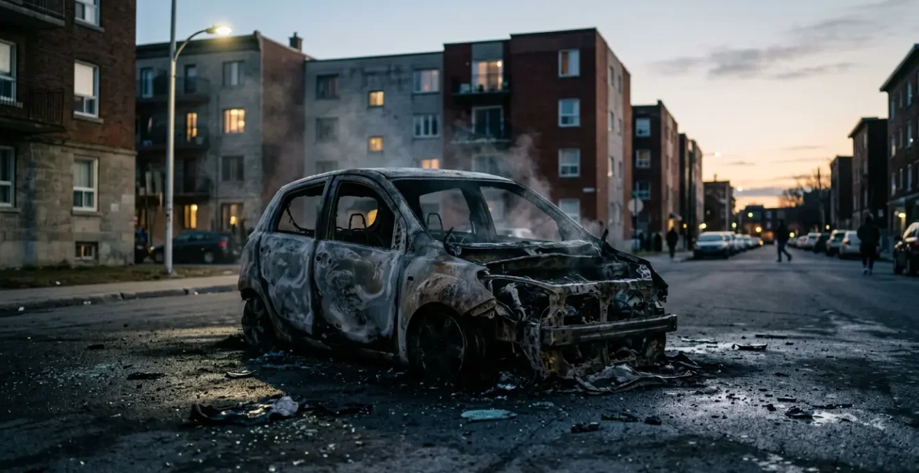 Carcasse de voiture incendiée sur une rue urbaine dans la pénombre, témoignant d'un acte criminel nécessitant preuve pour l'assurance