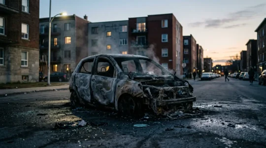 Carcasse de voiture incendiée sur une rue urbaine dans la pénombre, témoignant d'un acte criminel nécessitant preuve pour l'assurance