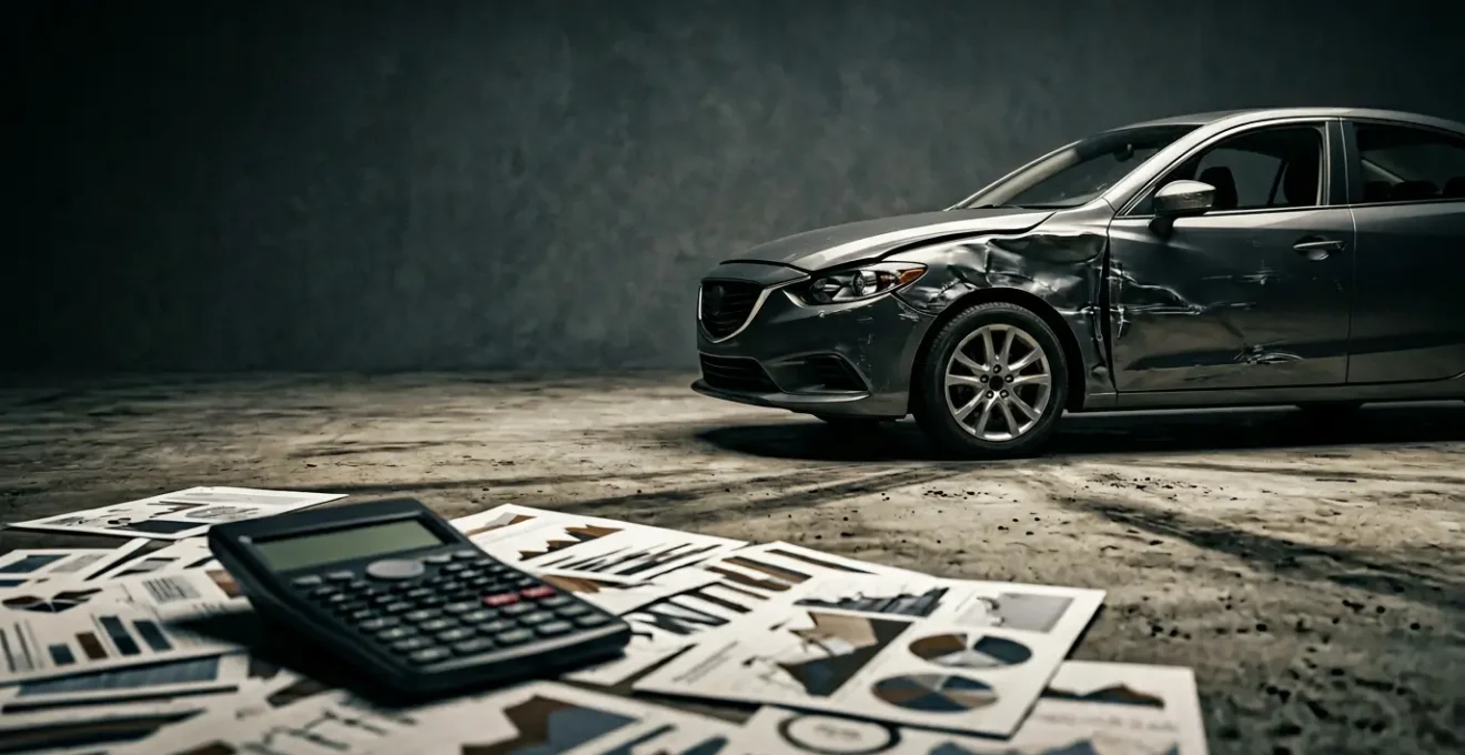 Représentation symbolique d'un véhicule endommagé et de documents financiers illustrant l'écart entre indemnisation et dette LOA