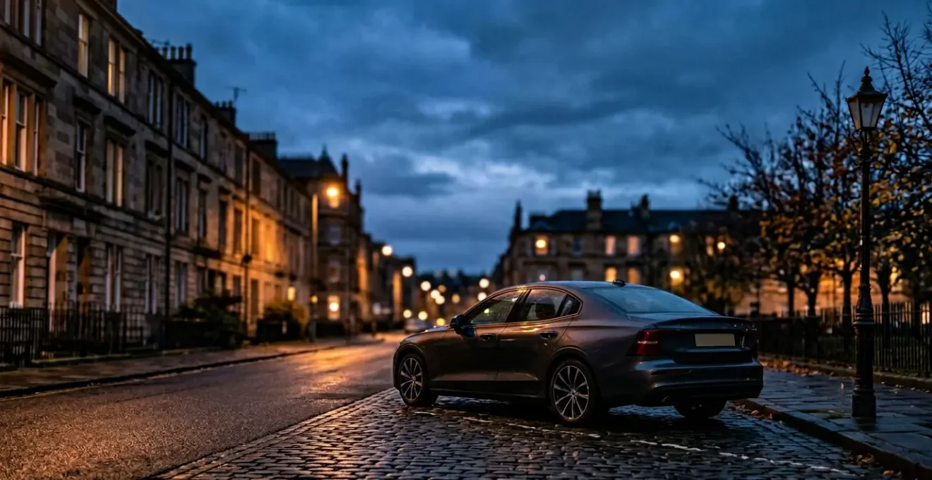 Voiture stationnée dans une rue urbaine avec éclairage nocturne