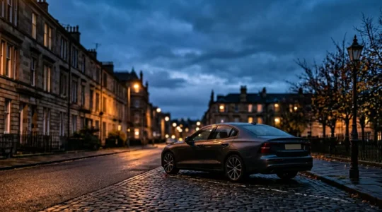 Voiture stationnée dans une rue urbaine avec éclairage nocturne