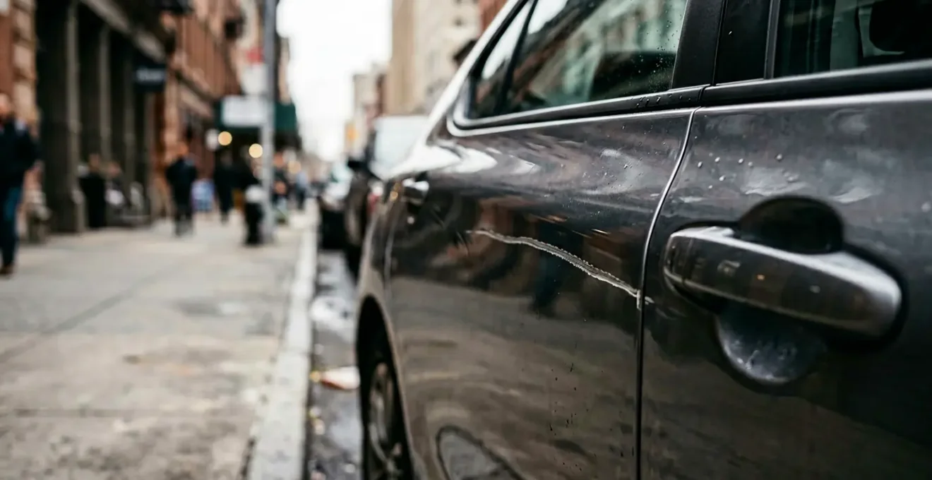 Détail d'une carrosserie de voiture avec une légère rayure en milieu urbain, représentant les petits sinistres quotidiens