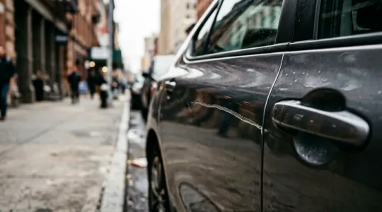 Détail d'une carrosserie de voiture avec une légère rayure en milieu urbain, représentant les petits sinistres quotidiens