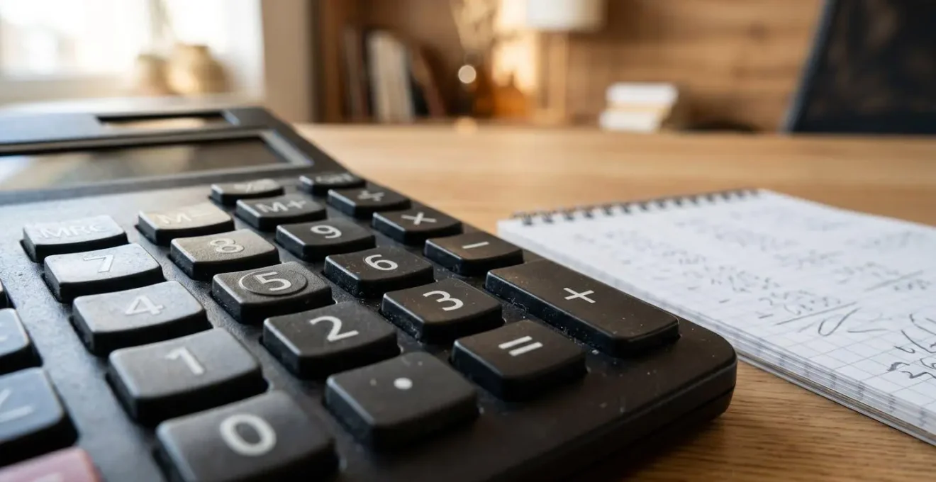 Gros plan sur calculatrice et données financières illustrant le calcul de rentabilité d'un rachat de franchise