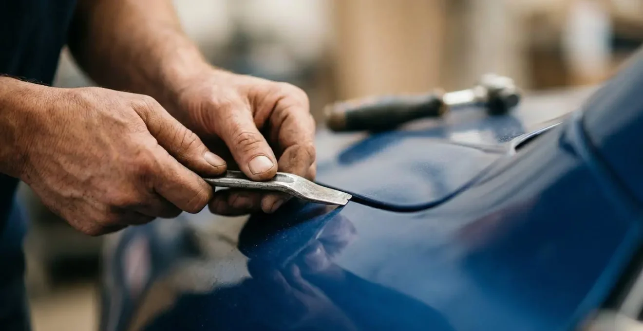 Gros plan textural sur technique de réparation professionnelle de carrosserie automobile
