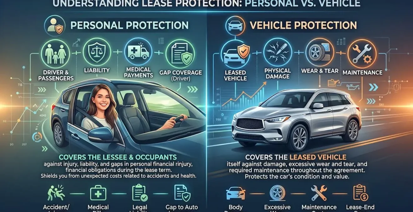 Composition conceptuelle illustrant la distinction entre protection de la personne et protection du véhicule en leasing