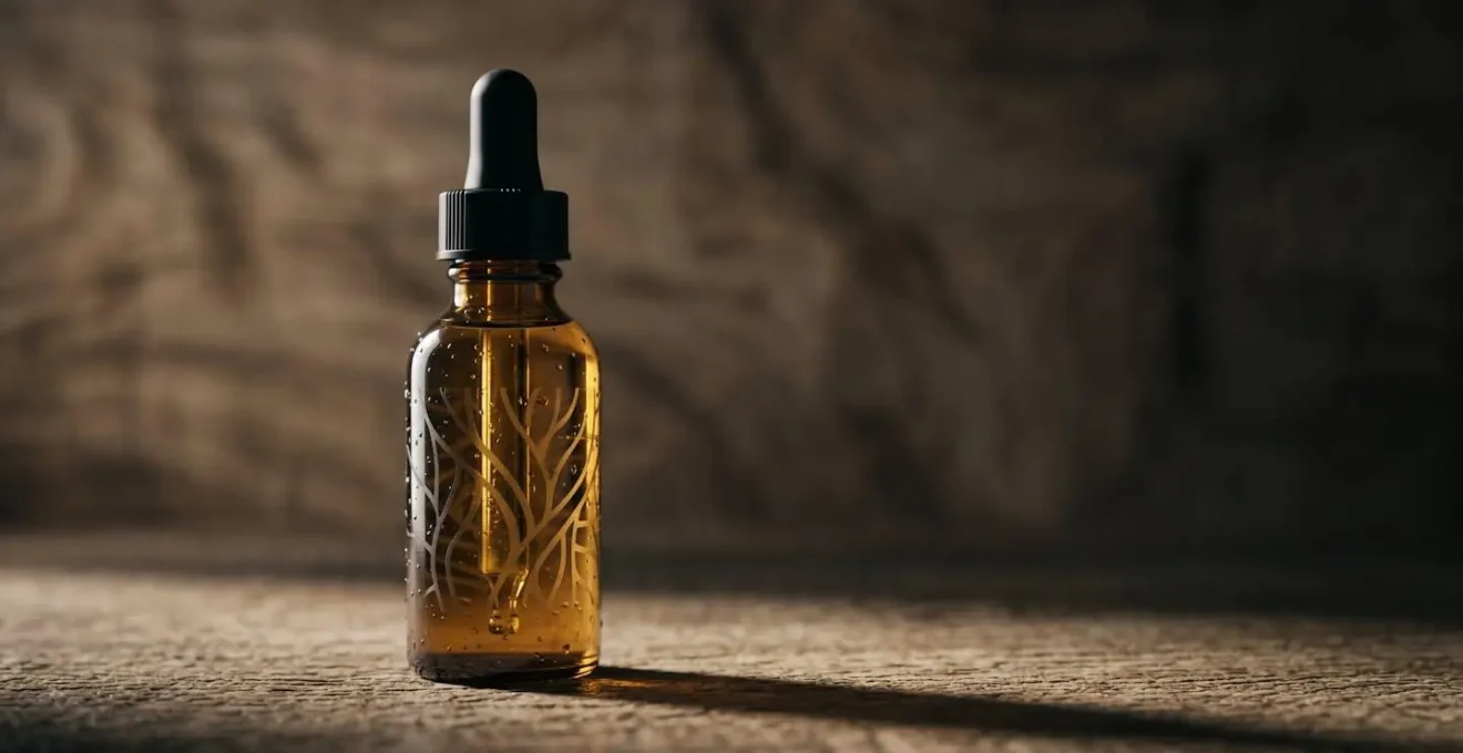 Flacon d'huile de CBD posé sur une surface naturelle avec un éclairage doux créant des ombres dramatiques
