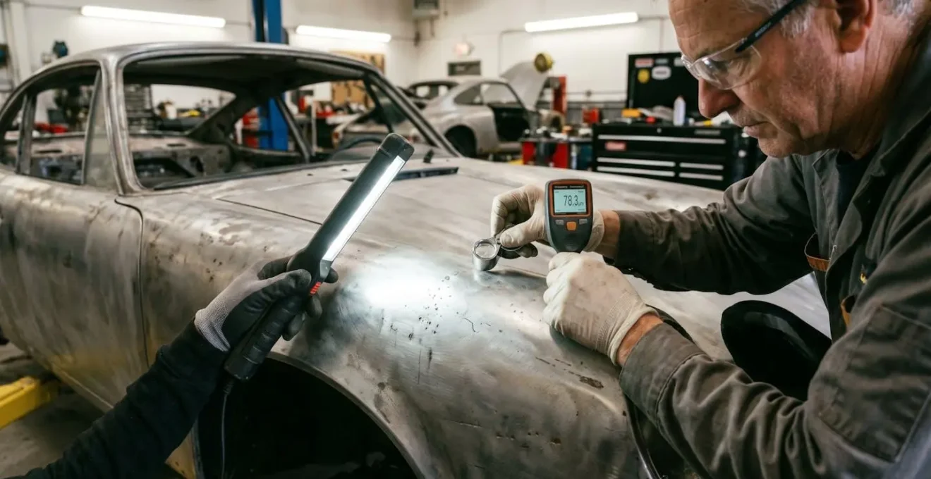 Inspection minutieuse d'une surface de carrosserie automobile révélant des micro-défauts lors d'une expertise de restitution